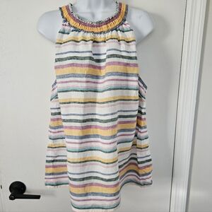 Talbots Womens Top L Linen Stripe Halter Coastal Relaxed Rainbow Pastel Resort